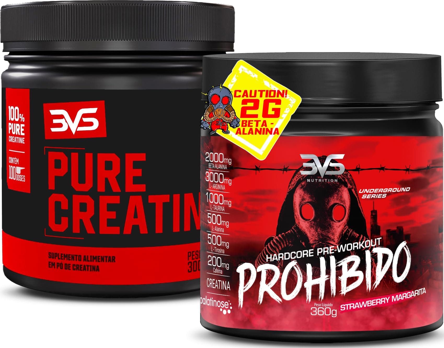 3VS Nutrition Combo Creatina Pura 300gr + Pré treino Prohibido 360g Sabor Morango