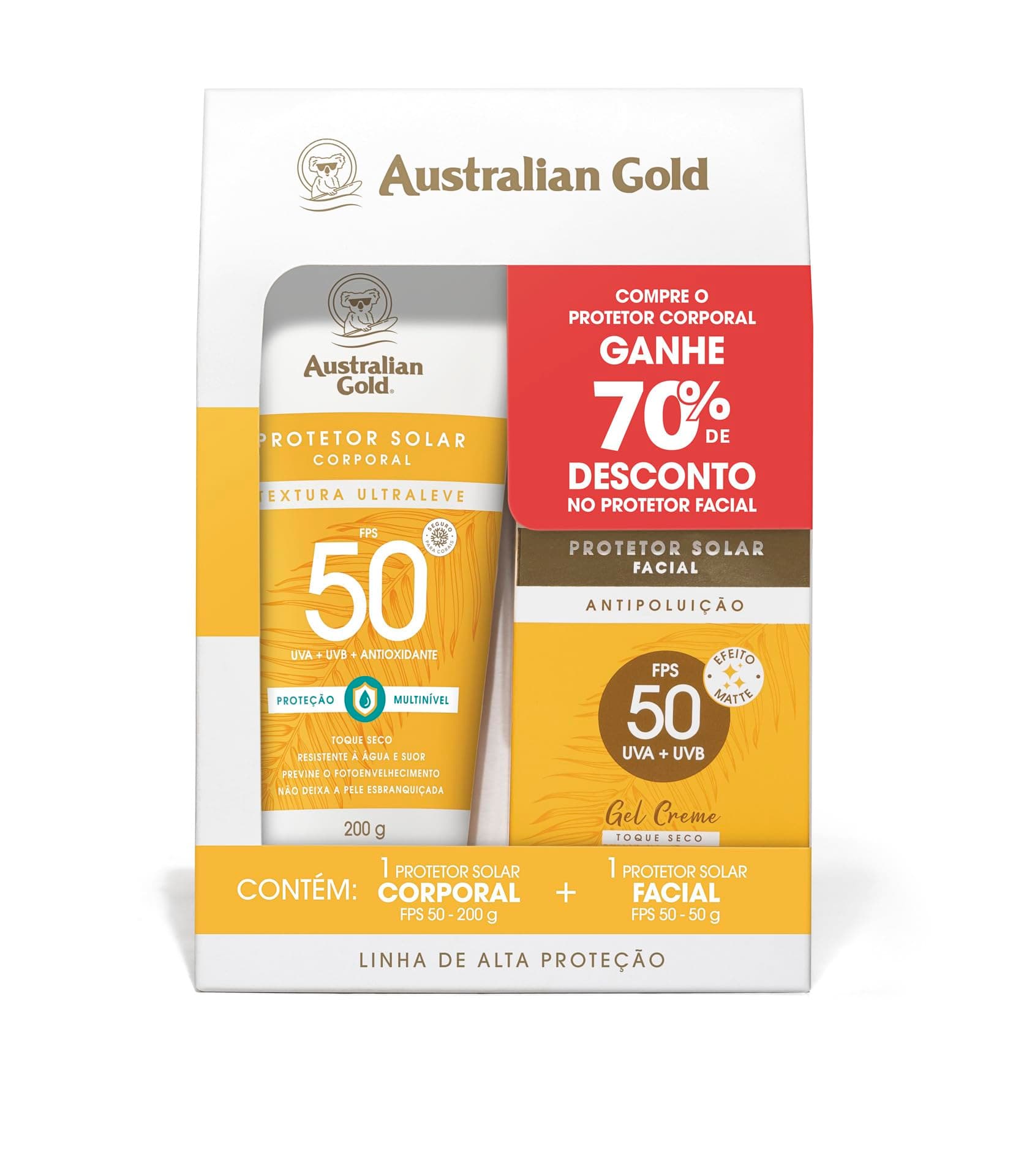 AUSTRALIAN GOLD PROMOPACK PROTETOR SOLAR GEL CREME CORPORAL/FACIAL FPS 50 200 G/ 50 G